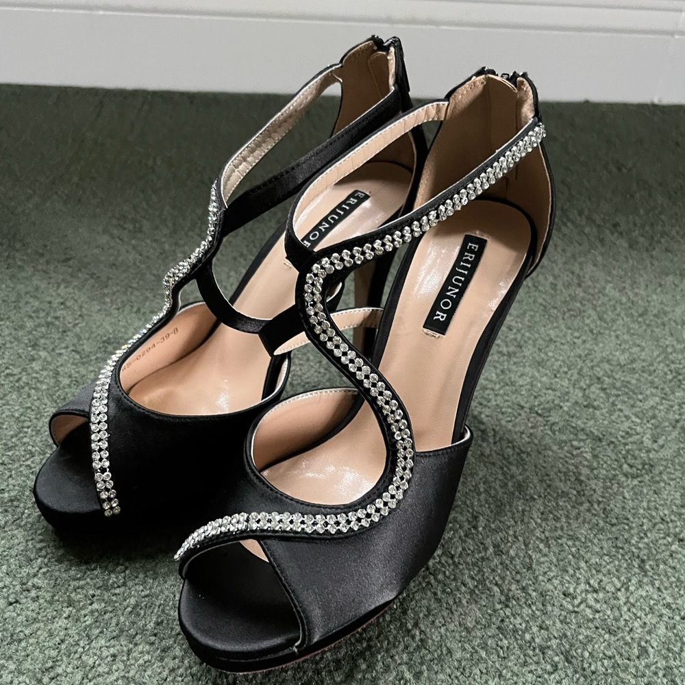 Black satin rhinestone platform heels by Erijunor